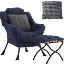 Large Lazy Chair with Ottoman, Accent Reading Chair with a Throw Pillow, Cozy Lounge Chair with Armrest, Leisure Sofa Chair for Living Room, Bedroom, Dorm, Navy Blue