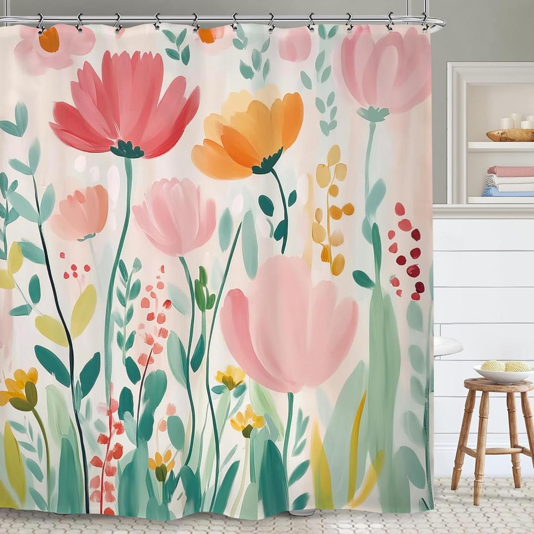 Yookeb Pink Green Flower Bathroom Shower Curtain 60W by 71H Inch Watercolor Botanical Spring Blush Cute Plant Polyester Fabric 12 Plastic Hooks Waterproof Decor