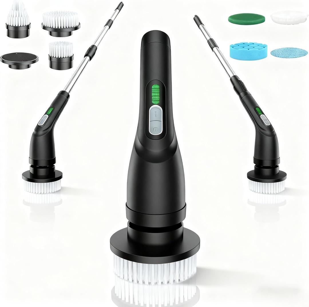 Shower Scrubber with Long Handle - Bathroom Power Electric Spin Scrubber for Cleaning Bathtub with 7 Brush Heads - Cordless IPX7 Waterproof Automatic for Grout, Tile, Tub, Toilet, Car (Black)