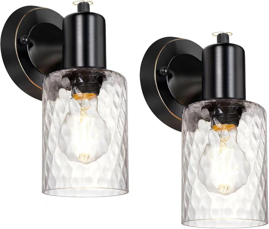 Wall Sconces Set of 2 - Matte Black Vanity Lights for Bathroom Modern Wall Light Fixtures with Rotary Switch - Wall Mount Light with Hammered Glass,Farmhouse Wall Lamp for Bedroom Mirror Living Room