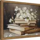 Vintage Book Wall Art, Rustic White Floral Botanical Canvas Wall Decor Paintings, Small Retro Flower Bookish Artwork Prints Pictures for Library Reading Bedroom Living Room 8x10 Inch Framed
