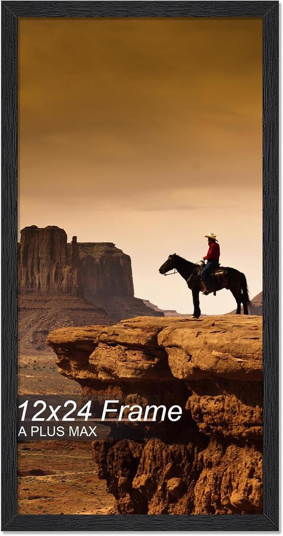 A PLUS MAX 12x24 Picture Frame, Black Engineered Wood Frame for 12 x 24 Inch Picture Poster Photo, Light Weight 12 by 24 Frame with Wood-grain for Wall - 1 Pack/Black/12 x24