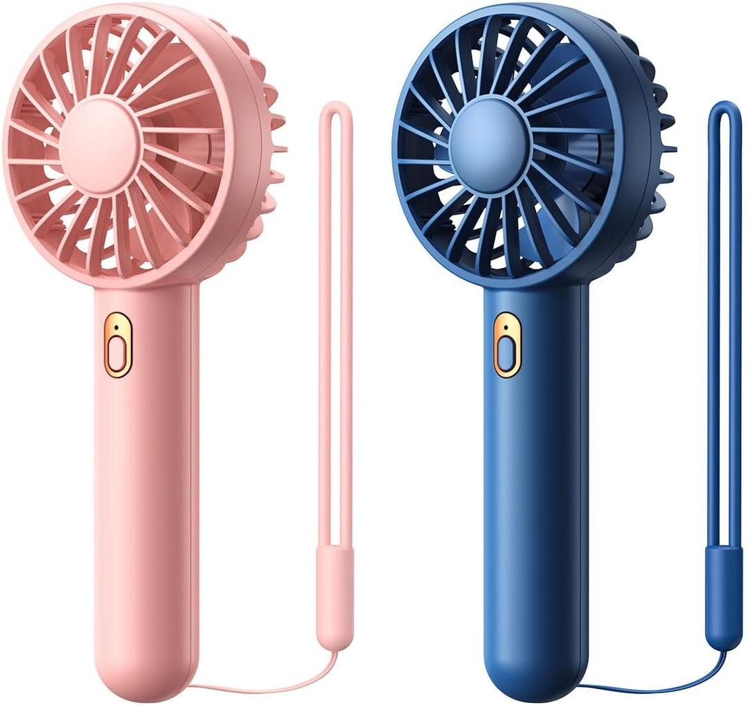 Warmco Mini Portable Fan 2-Pack - 3 Speed Rechargeable Handheld & Desk Fan with Base, Compact Cooling for Travel, Makeup, Summer Gift (Blue & Pink)