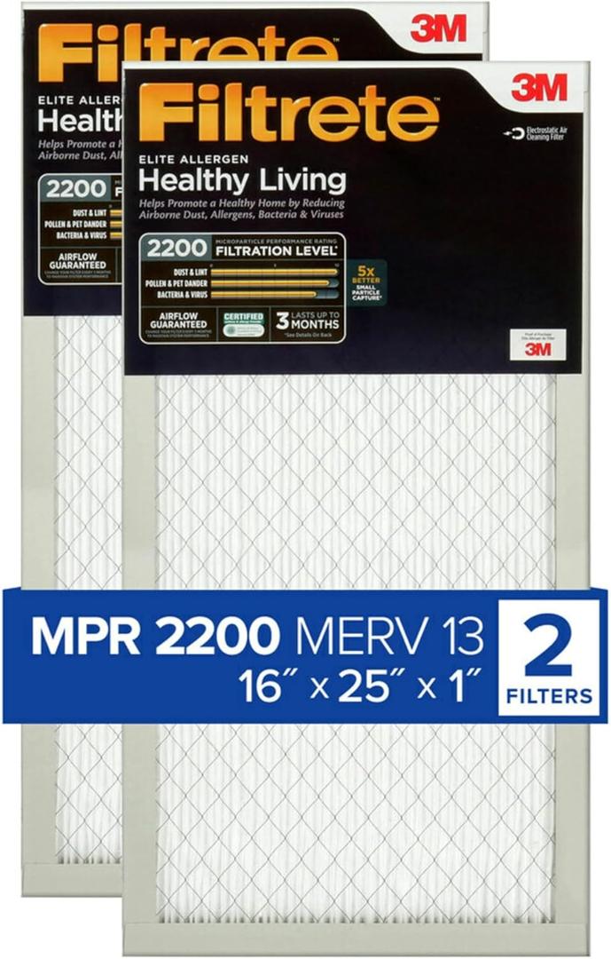 Filtrete 16x25x1 AC Furnace Air Filter, MERV 13, MPR 2200, Elite Allergen, Bacteria & Virus Filter, 3-Month Pleated 1-Inch Electrostatic Air Cleaning Filter, 2-Pack (Actual Size 15.69x24.69x0.78 in)