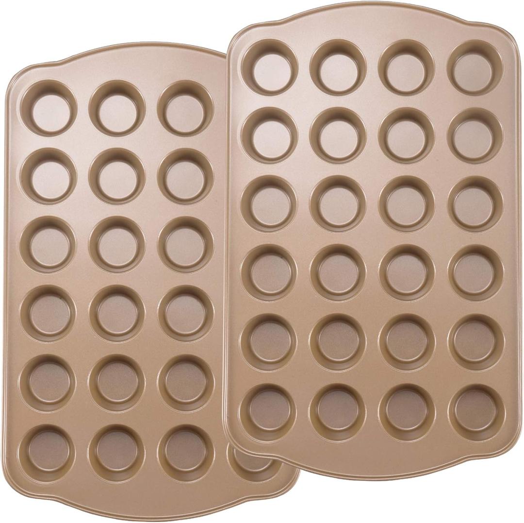 Mini Muffin Pans Nontick 24, Cupcake Pans Set with Wide Handle, Muffin Tins for Baking, 24-Cup,2 Pack, Gold