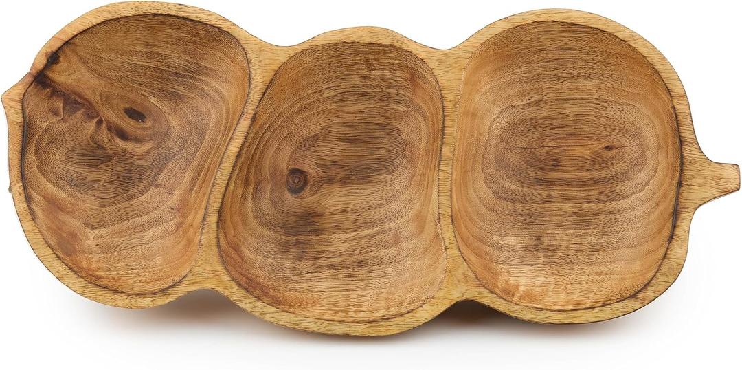 Tapeera 3 Compartment Serving Bowl - Wooden Divided Serving Tray - Peanut Shaped Bowl - Key Bowl - Candy Bowl - Section Serving Platter - Candle Tray - Snack Bowl Partition Dish - Pistachio Bowl
