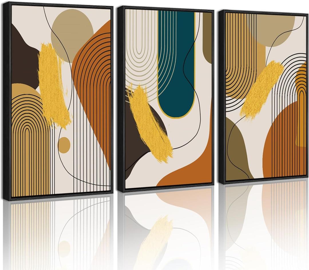 PHOPAGO 16x24in Large Boho Abstract Framed Wall Art Modern Minimalist Luxury Gold Line Artwork Kitchen Dining Room Decor Black Framed