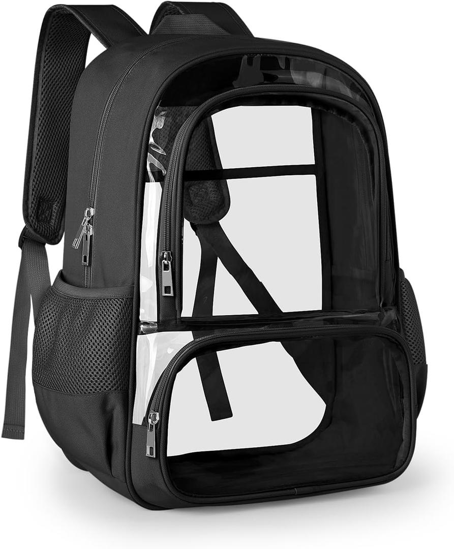 KIMNERPU Clear Backpack, Fabric & PVC Transparent Backpack with Reinforced Strap for Women Men, Heavy Duty Transparent Bookbag, Large Capacity Clear Bag, Travel, Security, Black