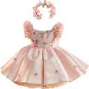 Girls' Dresses Flying Sleeve Puffy Princess Dresses Flower Girl Wedding Birthday Party Dresses (6-7 Years, Pink)