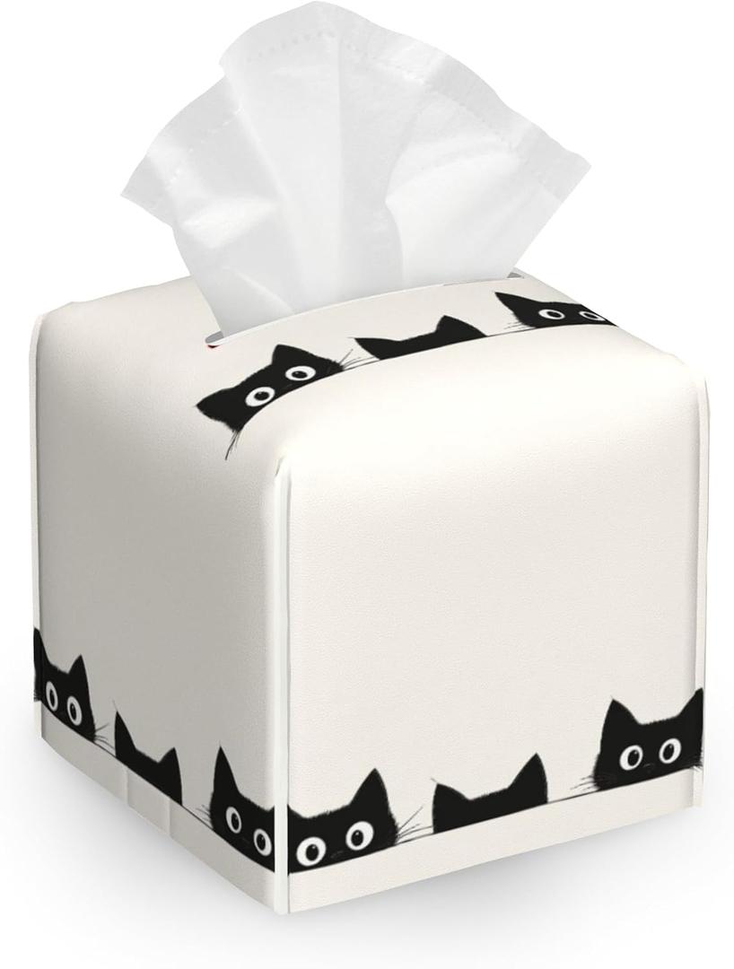 Cute Black Cat Tissue Box Cover Holder,Leather Tissue Case Holder Facial Paper Organizer Decorative for Tabletop Night Stands Desk Bathroom Kitchen Car Office Home Decor