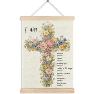 MKIJUHB Christian Floral Cross Wall Art Decor, Faith Wall Decor, I Am Inspirational Bible Verse Easter Framed Hanging Canvas Prints for Home Church Prayer Room Walls Decorations, 12x16 Inch