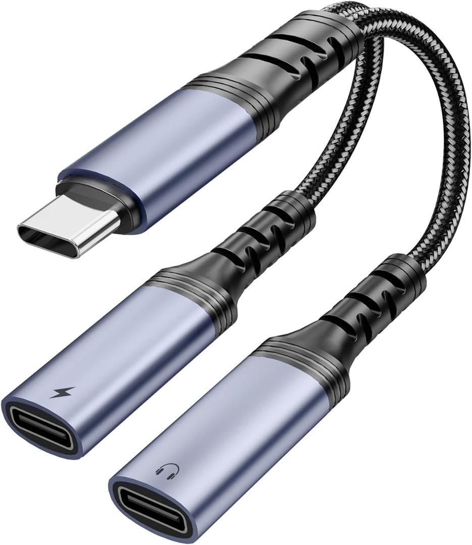 USB C Splitter 1 in 2 Out HiFi Audio Adapter, Dual USB C Headphone and Charger Adapter Support Call PD 60W Charge for iPhone 17/16 / 15 Series, MacBook, iPad, Galaxy S25 / S24 and More Cold Gray