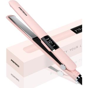 PRITECH Flat Iron Hair Straightener, Titanium Flat Iron with Adjustable Temp(290F-450F), 1 inch Plate for All Hairstyles Anti-Frizz Dual Voltage Straightening and Curler 2 in 1 (Pink)