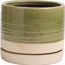 8 Inch Pots for Plants, Ceramic Planter Pot with Drainage Hole & Saucer, Indoor/Outdoor Cylinder Round Planter Pot, Green & Beige (Medium)