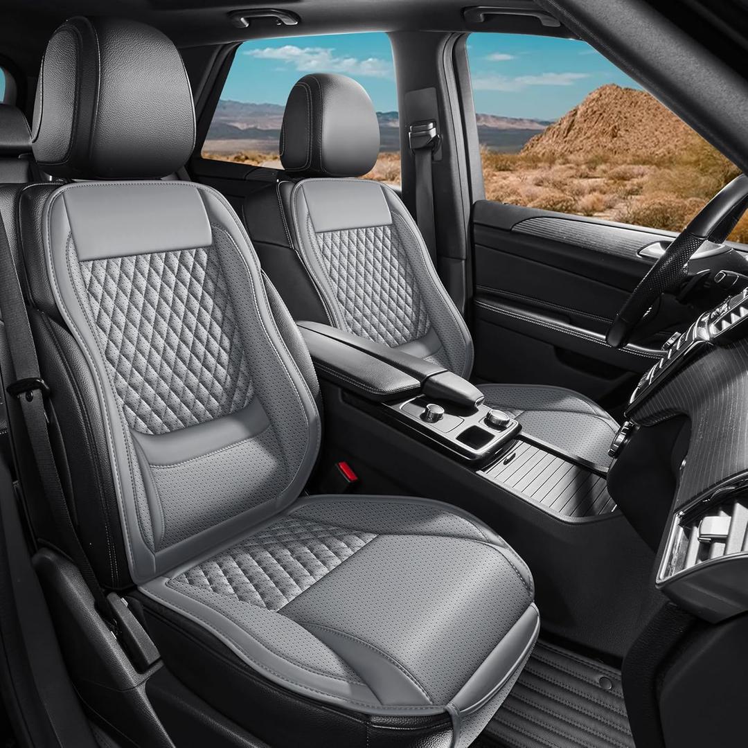 Premium Perforated Napa Leather Car Seat Covers Semi Universal Fit with Lumbar Support, Storage Bag for SUV Sedan Truck (Gray, Front Row Two Seats)