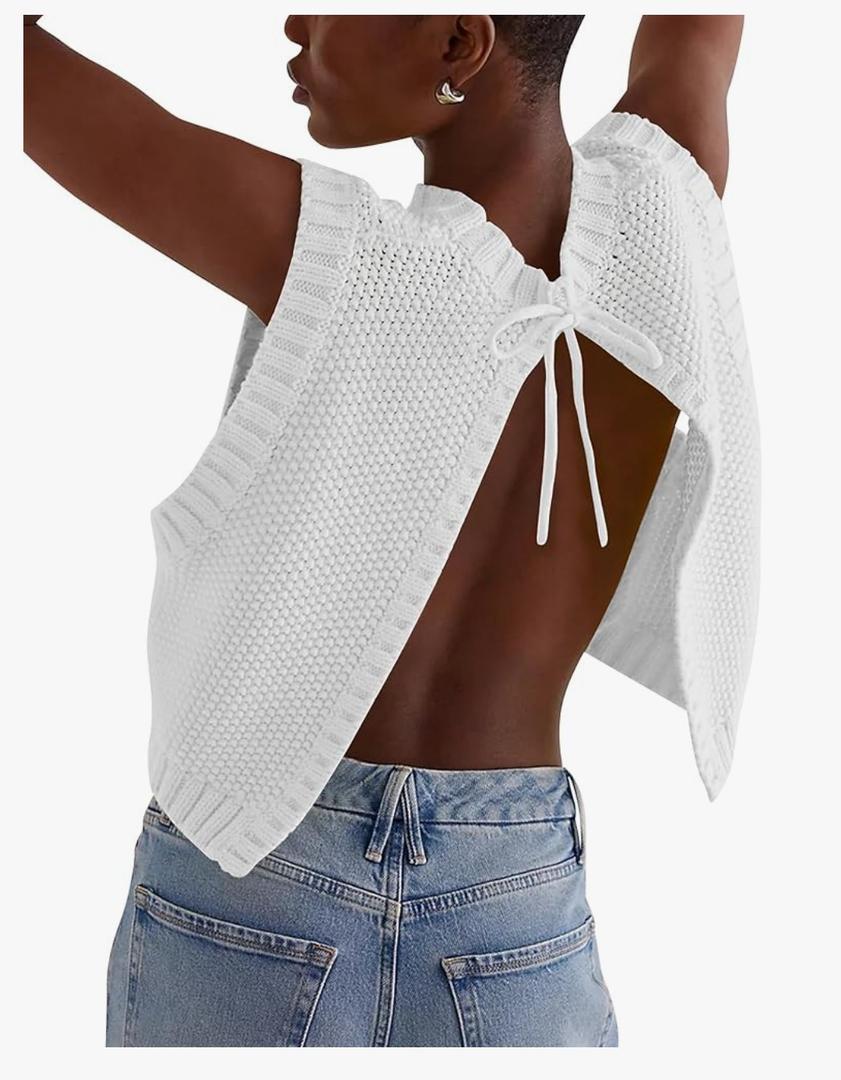Soly Hux Women Y2K Backless Tie Up Knit Crop Sweater Vest Sleeveless Round Neck Split Open Back Pullover Summer Tank Top M