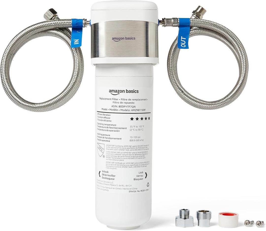 Amazon Basics Under Sink Water Filter System, NSF/ANSI 42 & 372 Certified, Easy Twist-and-Lock Design, 11,000 Gallons, 1 Year Service Life, White
