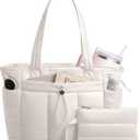 TOPDesign Puffy Tote Bag for Women with Cup Holder & Laptop Compartment & Cosmetic Bag & Trolley Sleeve for Work, Travel (Medium, Light White)