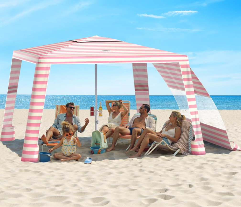 Rhino Valley Beach Cabana, 120 Sq. Ft Beach Canopy UPF50+ Protection, Easy Setup & Adjustable Height Beach Tent Sun Shelter with Cup Holder, Portable for 4-8 People, Pink & White Stripes