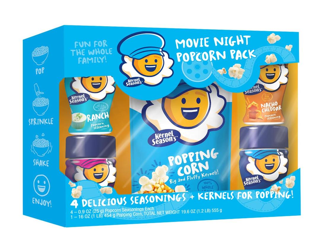 Kernel Season's Movie Night Supplies, Popcorn and Seasoning Party Pack, 4 Flavor Variety Pack, Best By: Sep 19 2025