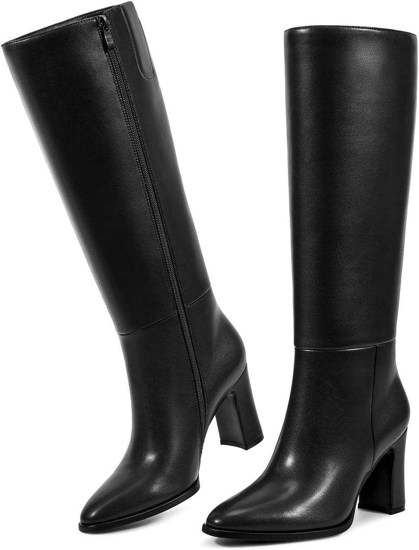wetkiss Womens Knee High Boots Chunky Block Heel Tall Boots Knee High Square Toe Long Boot Mid Low Heel Boot with Zipper (8.5)