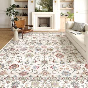LUXRUG Area Rugs 9x12 Living Room - Large Washable Cream Boho Rugs for Bedroom Soft Vintage Rug Ultra-Thin Colorful Traditional Floral Carpet Farmhouse Rug for Dining Room Guest Room Home Decor
