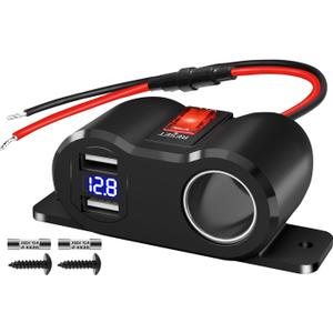 120W Dual USB Outlet Cigarette Lighter Socket Splitter with LED Voltmeter/Rocker, 12V Car Charger Power Adapter Replacement Plug Female for RV Marine Boat Motorcycle Truck ATV UTV Van (3 * 10A Fuse) (1P, Black)