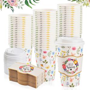 12 Set Spring Floral Disposable Coffee Cups with Lids and Sleeves 16 oz Hello Spring To Go Paper Cups Beverage Drinking Cups for Spring Wedding Easter Party Office Travel Business Supplies