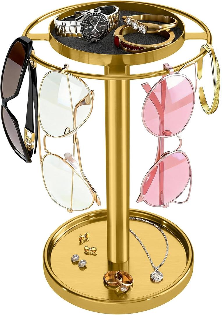 LSK 360 Rotating Sunglasses Organizer, Stainless Steel Glasses Holder Stand with Organizer Tray, Eyeglasses Holder with Storage Base for Dresser, Desk Table, Nightstand & Home Decor, Gold