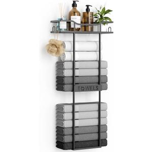 Towel Racks for Bathroom Wall Mounted with Shelf, 31.5" Large Towel Holder for Bathroom Wall, Black Towel Storage for Rolled Towels, Space Saving Organizer for Small Bathroom, RV & Apartment