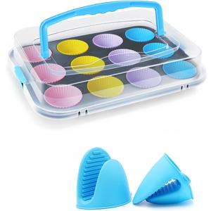 INYOU Muffin Pan for Baking,12 Nonstick Silicone Muffin Tin Liners with Heat-resistant Gloves and Carry Lid, Regular Size Cupcake Pan Reusable Baking Pans Set