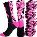 Hoosige 12 Pairs Breast Cancer Awareness Crew Socks Bulk Pink Ribbon Accessories Athletic Volleyball Soccer Socks for Youth(Camo Style) L/XL