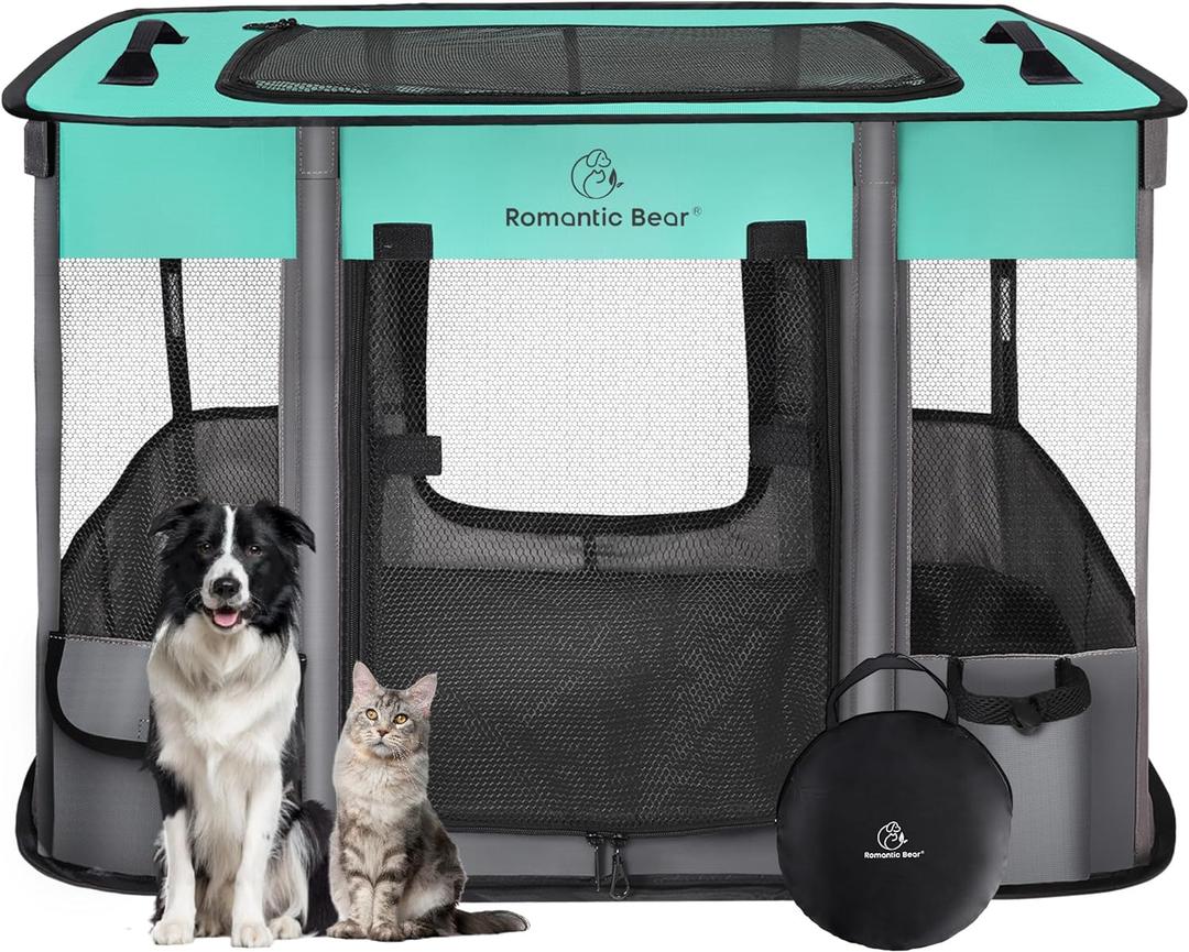 Romantic Bear Dog Playpen,Pet Playpen,Foldable Dog Cat Playpens,Portable Exercise Kennel Tent Crate,Water-Resistant Breathable Shade Cover, Indoor Outdoor Travel Camping Use for Small Animals with Carrying Case(M) (Green)