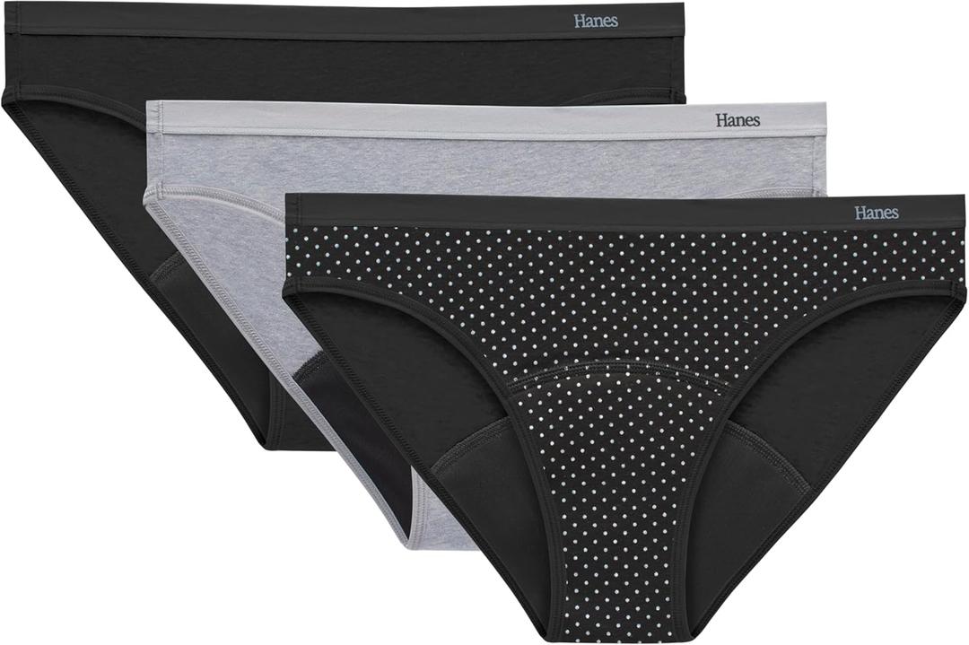 Hanes Women's Comfort, Bikini, Super Leaks Post-partum & Period Underwear, 3-Pack (Large, Black/Concrete Heather/Black)