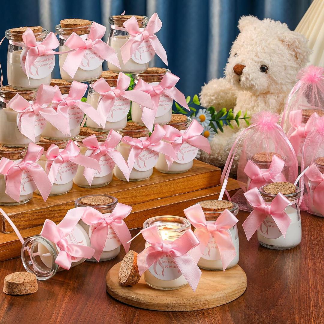 Threlaco 20 Pcs Bow Baby Shower Favors Party Candle Lavender Scented Glass Mason Jar Wax Candle Bulk for Guests Girl Boy Gender Reveal Party Gifts(Pink)