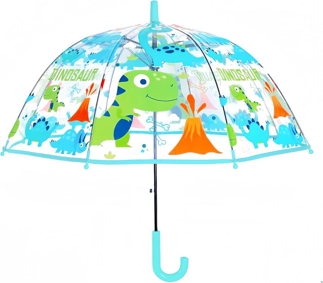 Clear Bubble Umbrella, Transparent Dome Canopy, See Through for Safety, Windproof, Auto Open, Easy-Grip Handle, Lightweight Umbrella for Rain/Sun (Clear Blue Dinosore)