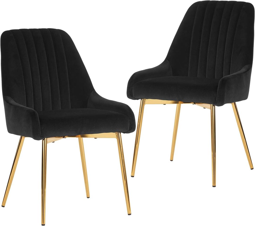 Dining Chairs Set of 2, Mid Century Modern Kitchen Room Armless Dining Chairs with Velvet Cushion Seat & with Gold Metal Legs for Vanity Room Bedroom Living Room (Black)