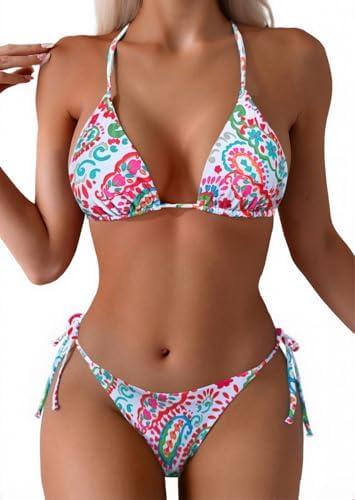 Tainehs Women's Sexy Halter Thong Bikini Tie Two Sides Bottom Triangle Bikini Swimsuits Small