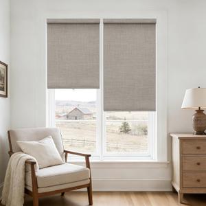 Cordless Blackout Shades for Door Bay Windows Free-Stop UV Protection 100% Black Out Linen Roller Shades Blinds for Indoor Bedroom Bathroom Living Dining Room, Greyish Beige Burlywood Birch W23xH72