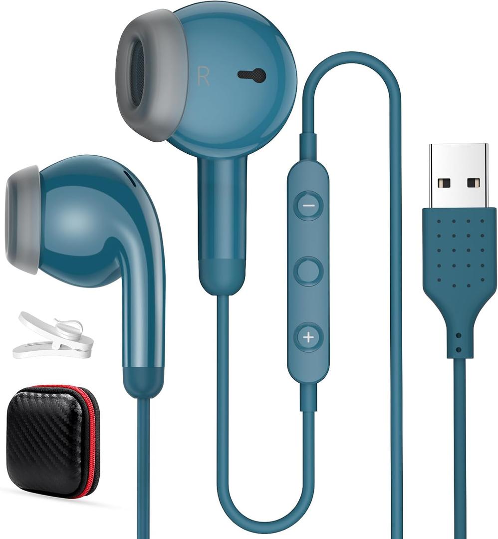 USB Earbuds for PC,Headphones with Microphone for Computer,Wired USB Headset with Mic Audio Control Noise Isolating Stereo Laptop Earphones for Dell for HP Asus for Surface Office Zoom Working Blue