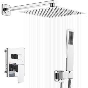 Polished Chrome Shower System 10 Inch Bathroom Luxury Rain Mixer Shower Combo Set Wall Mounted Rainfall Shower Head and Handheld System Shower Faucet Rough-in Valve Body and Trim Included