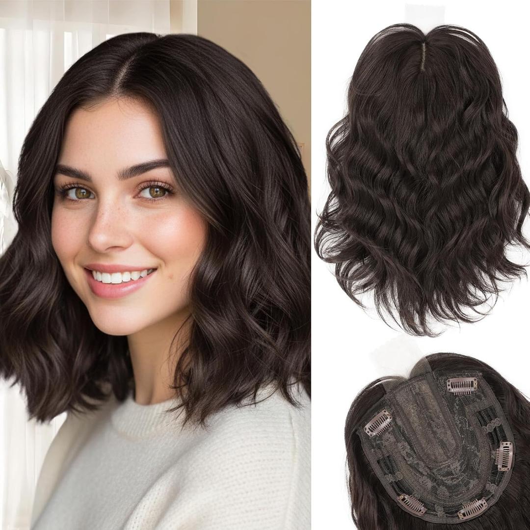 11 Inch Hair Topper for Women with Thinning Hair,Natural Short Wavy Clip-In Wig Topper with Curtain Bangs, Synthetic Hairpiece for Daily Wear(Brown Black)