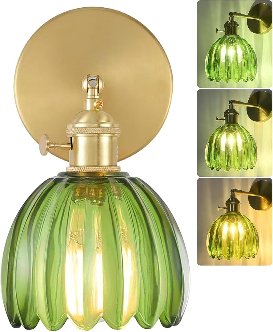 Tulip Wall Sconce Vintage Wall Lamp with Glass Lampshade Flower Lamp,Adjustable Brass Wall Lights with Switch Hardwired LED Wall Mounted Lights Bedroom Bedside Bathroom Livingroom Doorway Wall Decor