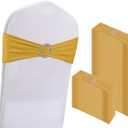 WJWHQ 100PCS Spandex Stretch Chair Sashes Bows Elastic Chair Cover Bands Ties with Buckle Slider for Wedding Party Reception Events Universal Ceremony Banquet Decorations (Gold)