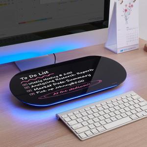 TSJ OFFICE Glass Desktop Whiteboard - 17 X 7 Inches Small Dry Erase Board with Blue Light, Glass White Board Surface Notepad with 1 Drawer, Desk Organizers for Office, Home, School Supplies (Black)