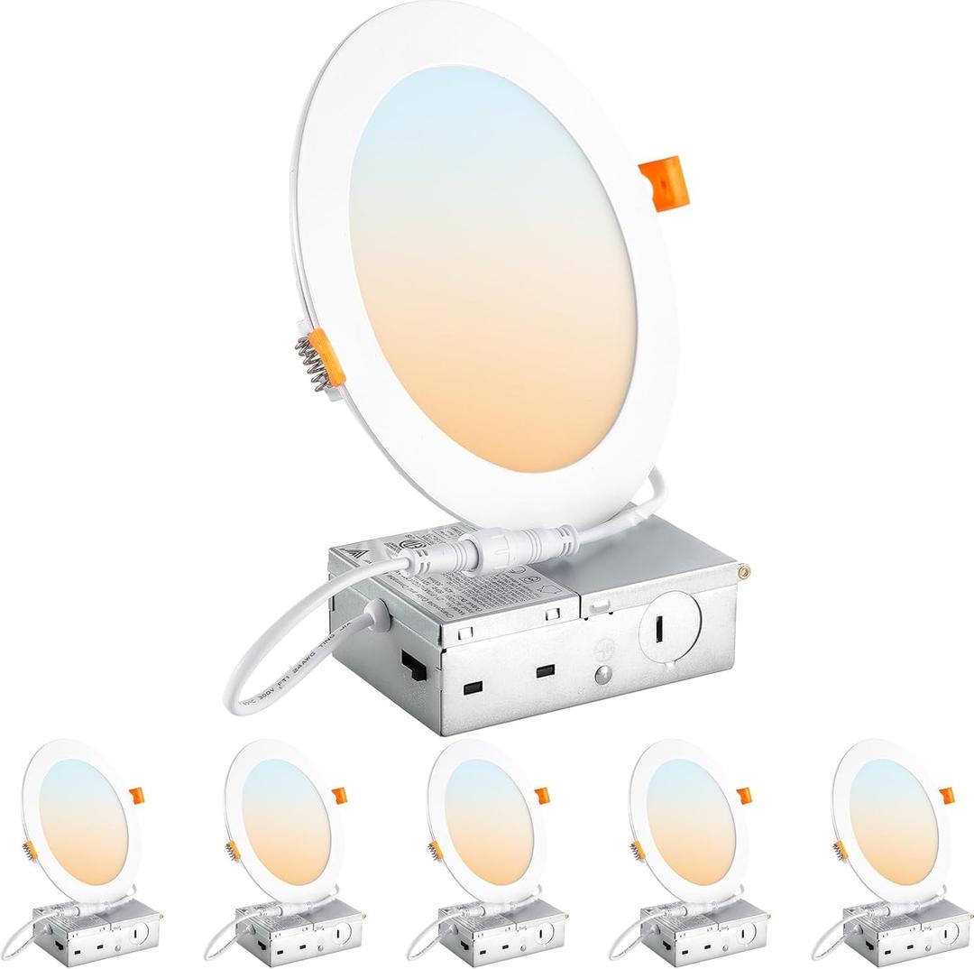 DLLT LED Recessed Ceiling Light: 6 Pack 6 Inch Slim Recessed Lighting for Kitchen - 5CCT Dimmable Canless Wafer Downlight for Living Room - 1200LM Brightness 12W Can Lights for Bedroom ETL FCC