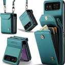 YQODSZ for Motorola Razr 2023 Case with Card Holder [Crossbody & Hand Strap] Classic Retro PU Leather Flip Cover Card Slot Magnetic Closure Women Men Flip Protective Case for Moto Razr 2023 Green
