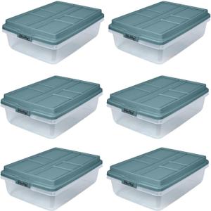 Hefty HI-RISE 40 Qt Stackable Storage Bins with Lids  6 Pack Clear Plastic Under Bed Storage Containers, Shoe Organizer Boxes with XL Lid-Locking Latches, Comfort-Grip Handles, Durable Double Rim