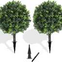 LXNRMHCH 27.2" Artificial Boxwood Topiary Set of 2 with Spike, Fake Plants Boxwood Balls Greenery Bushes, Uv Resistant Artificial Outdoor Plants Shrubs for Front Porch Decor, Home Faux Plants Indoor