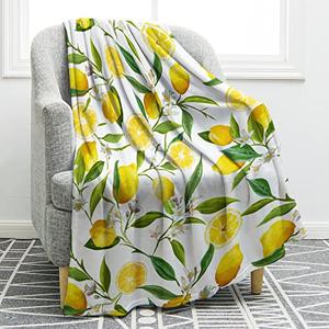 Jekeno Lemon Floral Blanket Yellow Fruits Green Leaves Print Gifts for Women Kids Girls Home Bedroom Living Room Decor Soft Cozy Lightweight Throw Blankets White 50"x60"
